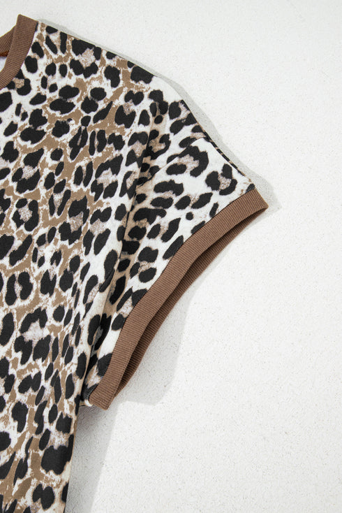 Western Leopard Print Contrast Trim Short Sleeve Loose Top