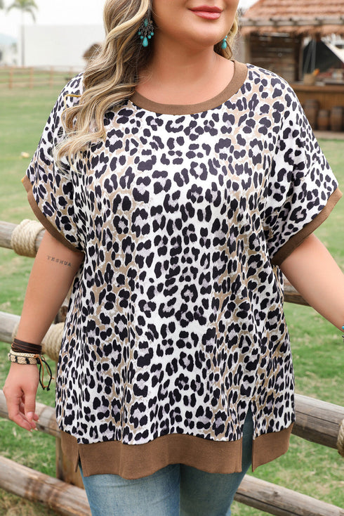 Western Leopard Print Contrast Trim Short Sleeve Loose Top