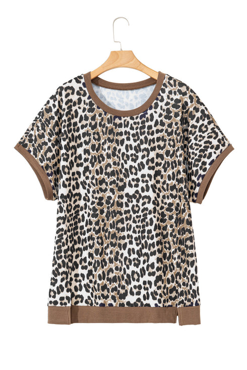 Western Leopard Print Contrast Trim Short Sleeve Loose Top