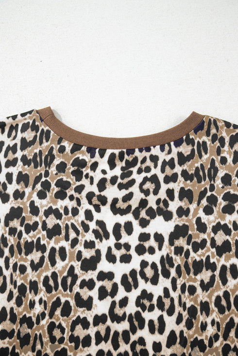 Western Leopard Print Contrast Trim Short Sleeve Loose Top