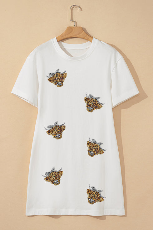 Western Leopard Print Cow Head Sequin Applique T Shirt Dress
