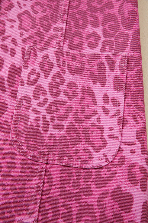 Western Leopard Print Denim Buttoned Sleeveless Shift Mini Dress