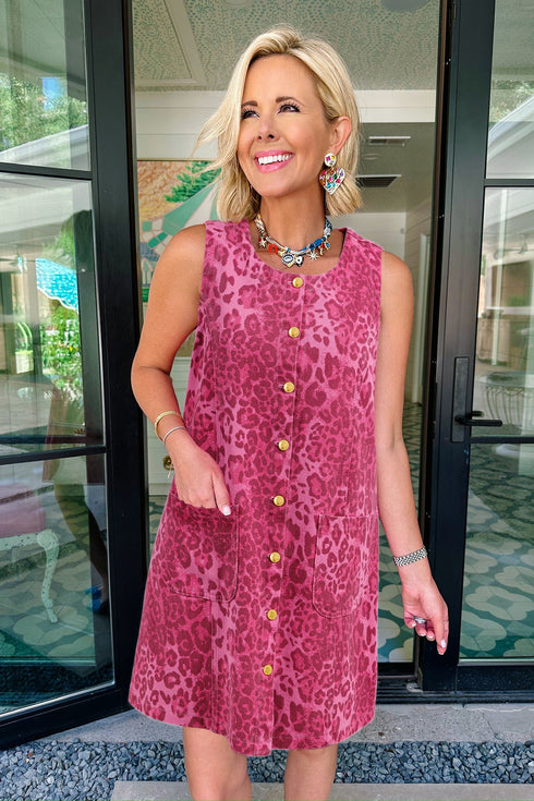 Western Leopard Print Denim Buttoned Sleeveless Shift Mini Dress