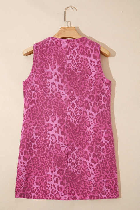 Western Leopard Print Denim Buttoned Sleeveless Shift Mini Dress