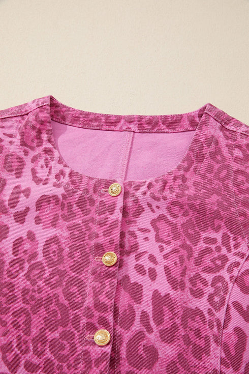 Western Leopard Print Denim Buttoned Sleeveless Shift Mini Dress