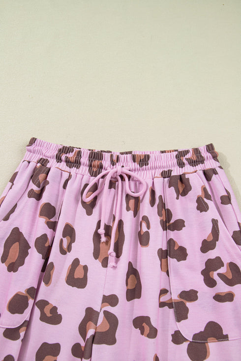 Western Leopard Print Drawstring Patch Pocket Wide Leg Pants