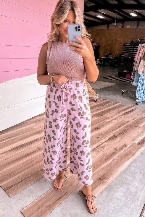 Western Leopard Print Drawstring Patch Pocket Wide Leg Pants