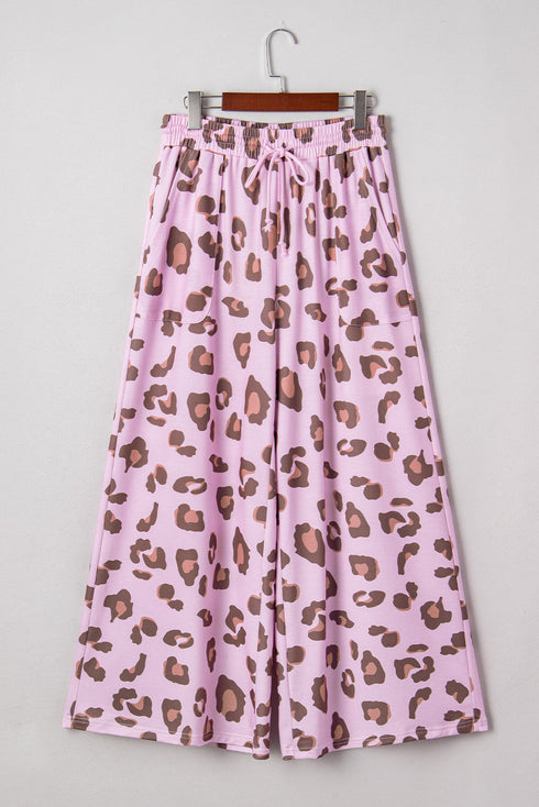 Western Leopard Print Drawstring Patch Pocket Wide Leg Pants