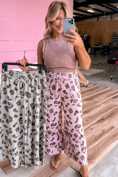 Western Leopard Print Drawstring Patch Pocket Wide Leg Pants