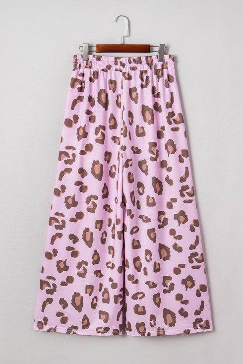 Western Leopard Print Drawstring Patch Pocket Wide Leg Pants