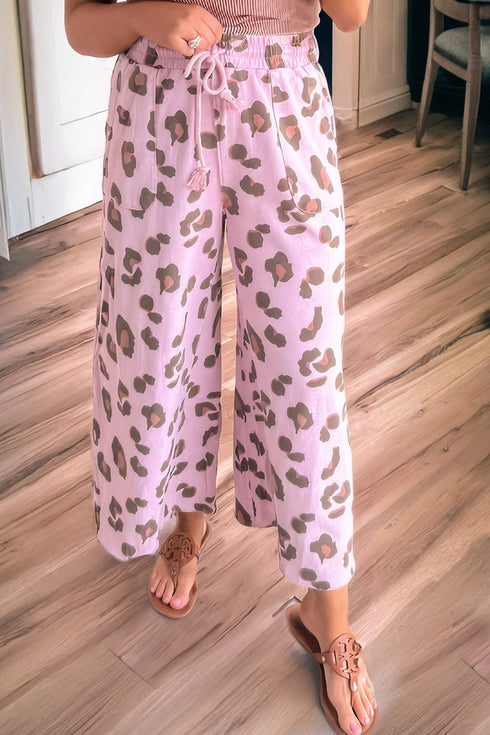 Western Leopard Print Drawstring Patch Pocket Wide Leg Pants
