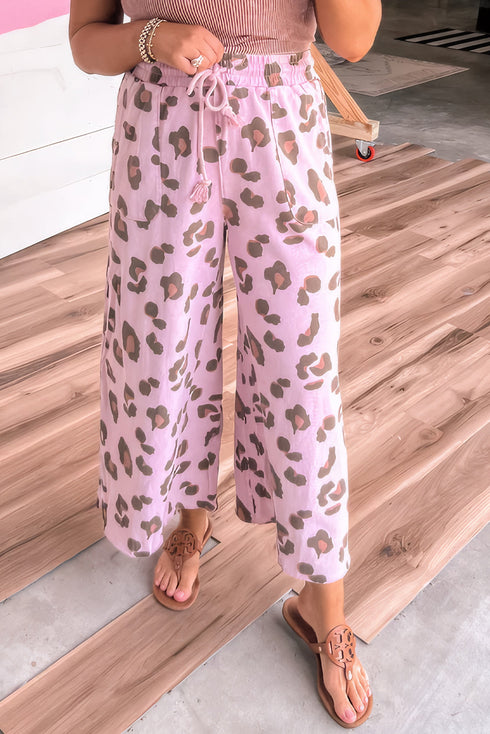 Western Leopard Print Drawstring Patch Pocket Wide Leg Pants
