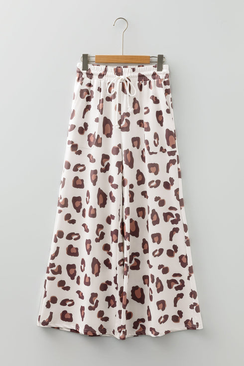 Western Leopard Print Drawstring Patch Pocket Wide Leg Pants