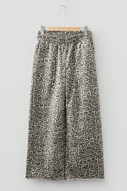 Western Leopard Print Elastic Waist Pull On Wide Leg Jeans