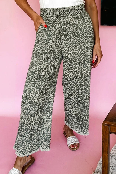 Western Leopard Print Elastic Waist Pull On Wide Leg Jeans