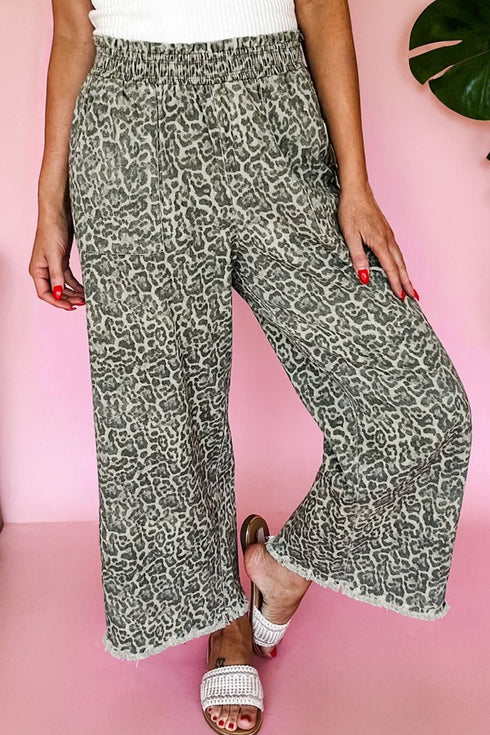 Western Leopard Print Elastic Waist Pull On Wide Leg Jeans