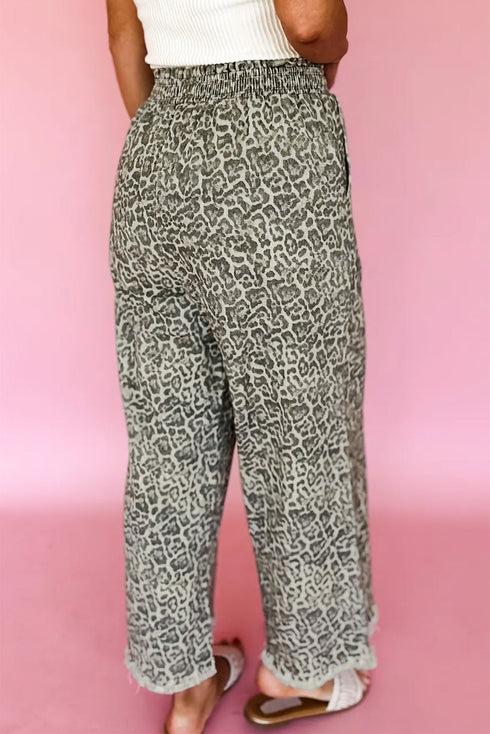 Western Leopard Print Elastic Waist Pull On Wide Leg Jeans