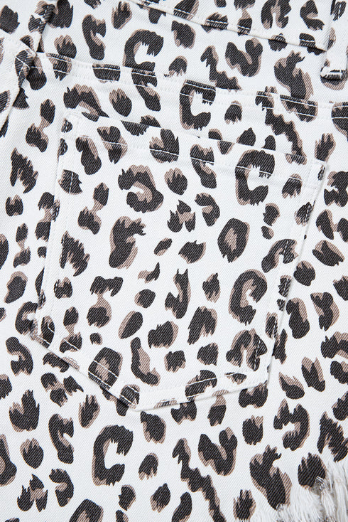 Western Leopard Print Frayed Hem Stretch Denim Shorts