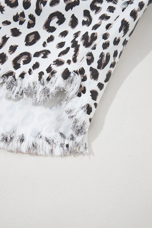 Western Leopard Print Frayed Hem Stretch Denim Shorts