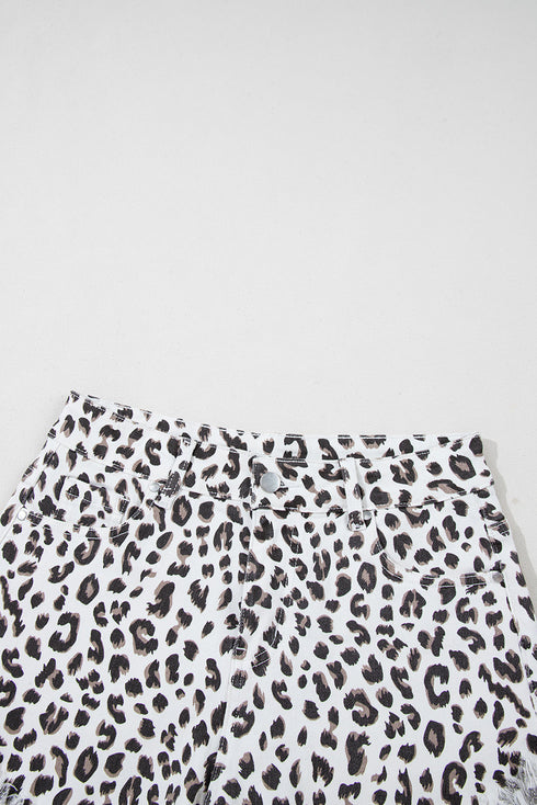 Western Leopard Print Frayed Hem Stretch Denim Shorts