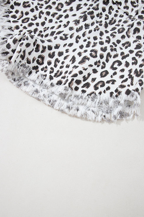 Western Leopard Print Frayed Hem Stretch Denim Shorts
