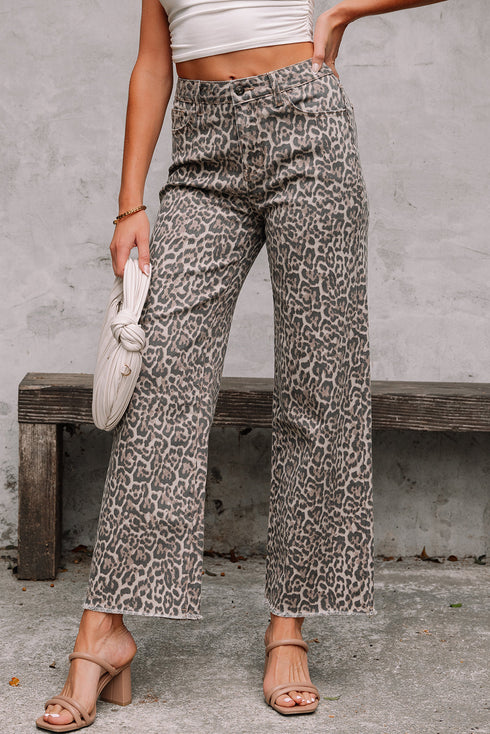 Western Leopard Print Frayed High Waist Wide Leg Jeans
