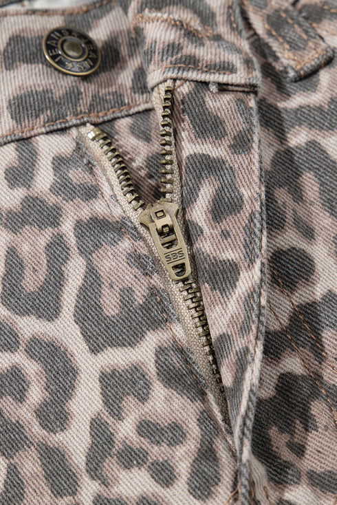 Western Leopard Print Frayed High Waist Wide Leg Jeans