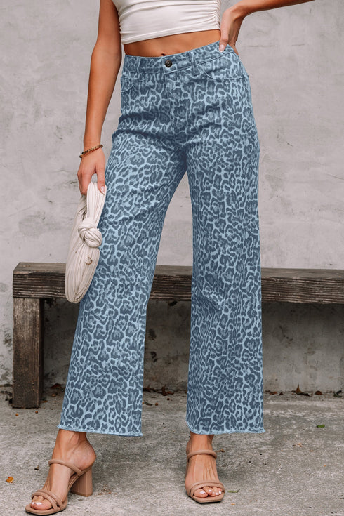 Western Leopard Print Frayed High Waist Wide Leg Jeans