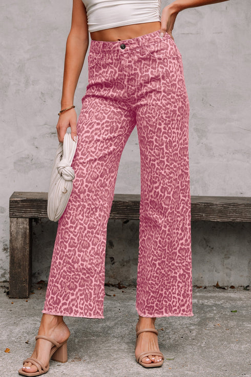 Western Leopard Print Frayed High Waist Wide Leg Jeans