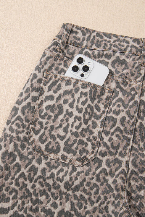 Western Leopard Print Frayed High Waist Wide Leg Jeans