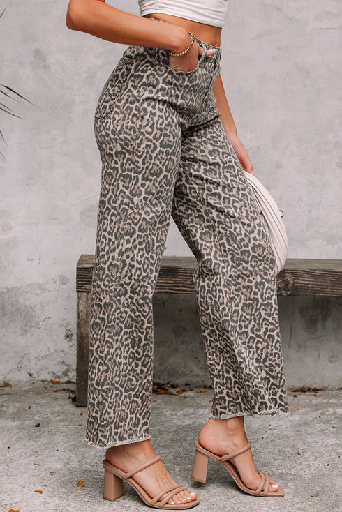 Western Leopard Print Frayed High Waist Wide Leg Jeans