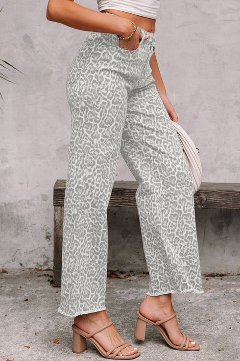Western Leopard Print Frayed High Waist Wide Leg Jeans
