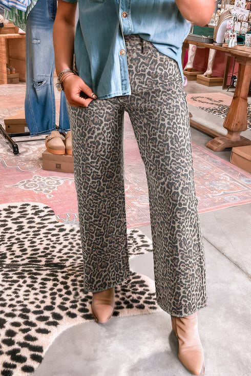 Western Leopard Print Frayed High Waist Wide Leg Jeans