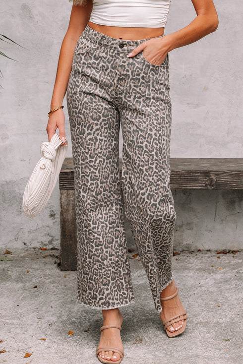 Western Leopard Print Frayed High Waist Wide Leg Jeans