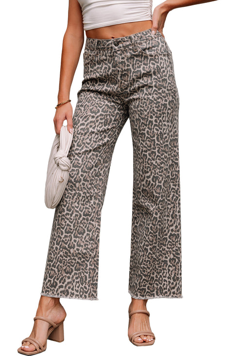 Western Leopard Print Frayed High Waist Wide Leg Jeans