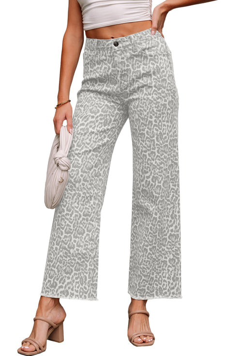 Western Leopard Print Frayed High Waist Wide Leg Jeans