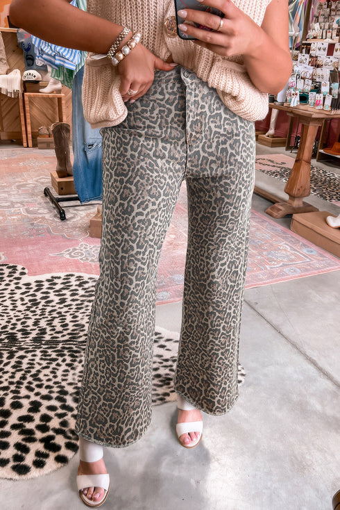 Western Leopard Print Frayed High Waist Wide Leg Jeans