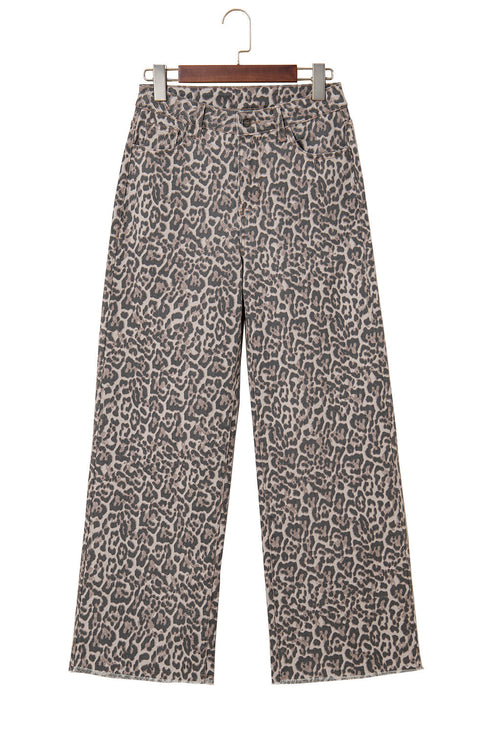 Western Leopard Print Frayed High Waist Wide Leg Jeans