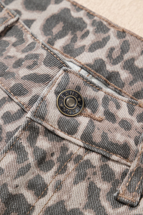 Western Leopard Print Frayed High Waist Wide Leg Jeans