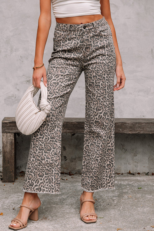 Western Leopard Print Frayed High Waist Wide Leg Jeans