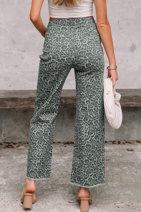 Western Leopard Print Frayed High Waist Wide Leg Jeans