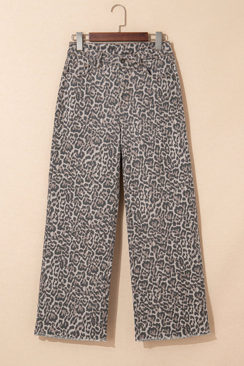 Western Leopard Print Frayed High Waist Wide Leg Jeans