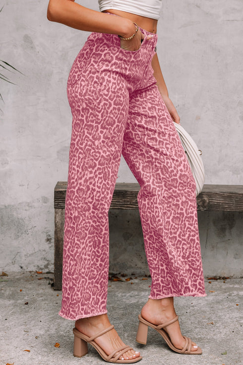 Western Leopard Print Frayed High Waist Wide Leg Jeans