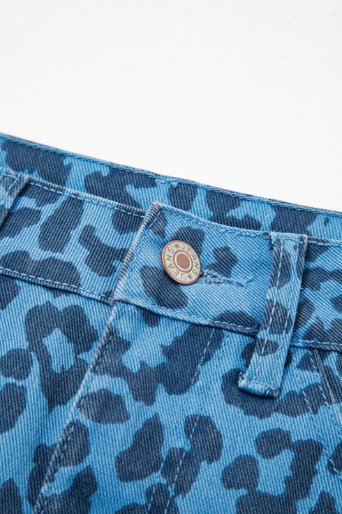 Western Leopard Print Frayed Split Denim Midi Skirt
