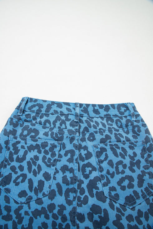 Western Leopard Print Frayed Split Denim Midi Skirt