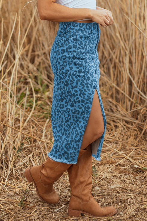 Western Leopard Print Frayed Split Denim Midi Skirt