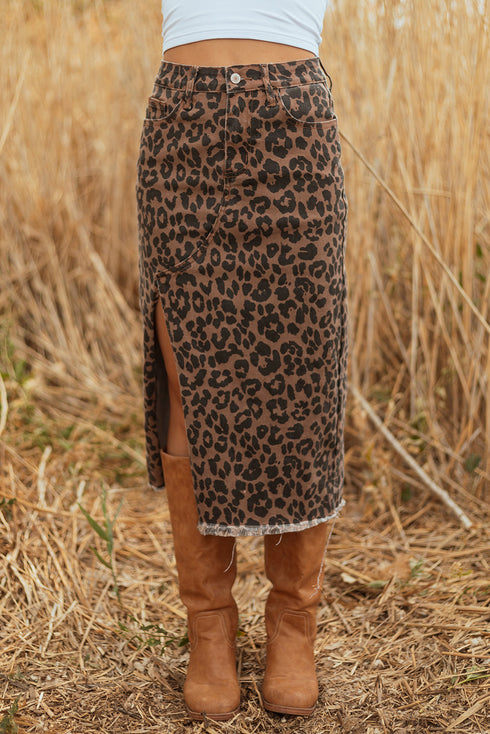 Western Leopard Print Frayed Split Denim Midi Skirt