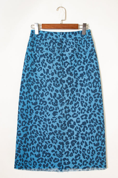 Western Leopard Print Frayed Split Denim Midi Skirt