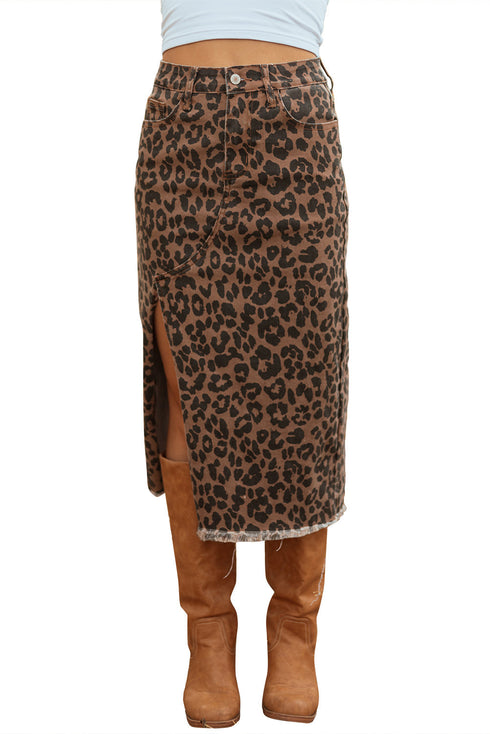 Western Leopard Print Frayed Split Denim Midi Skirt