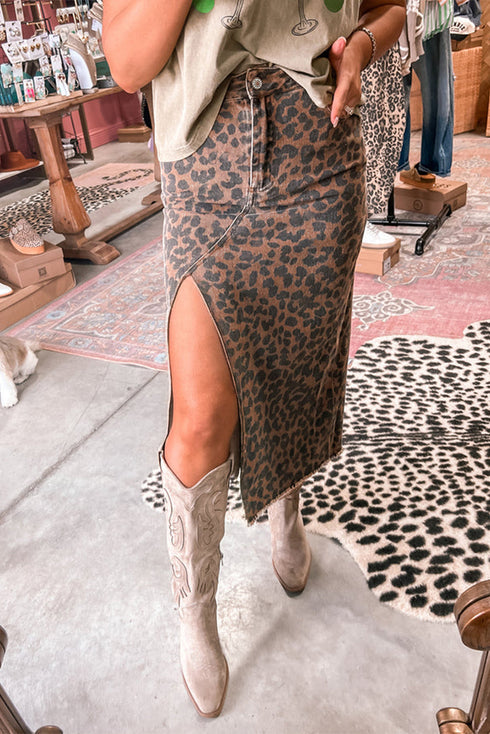 Western Leopard Print Frayed Split Denim Midi Skirt